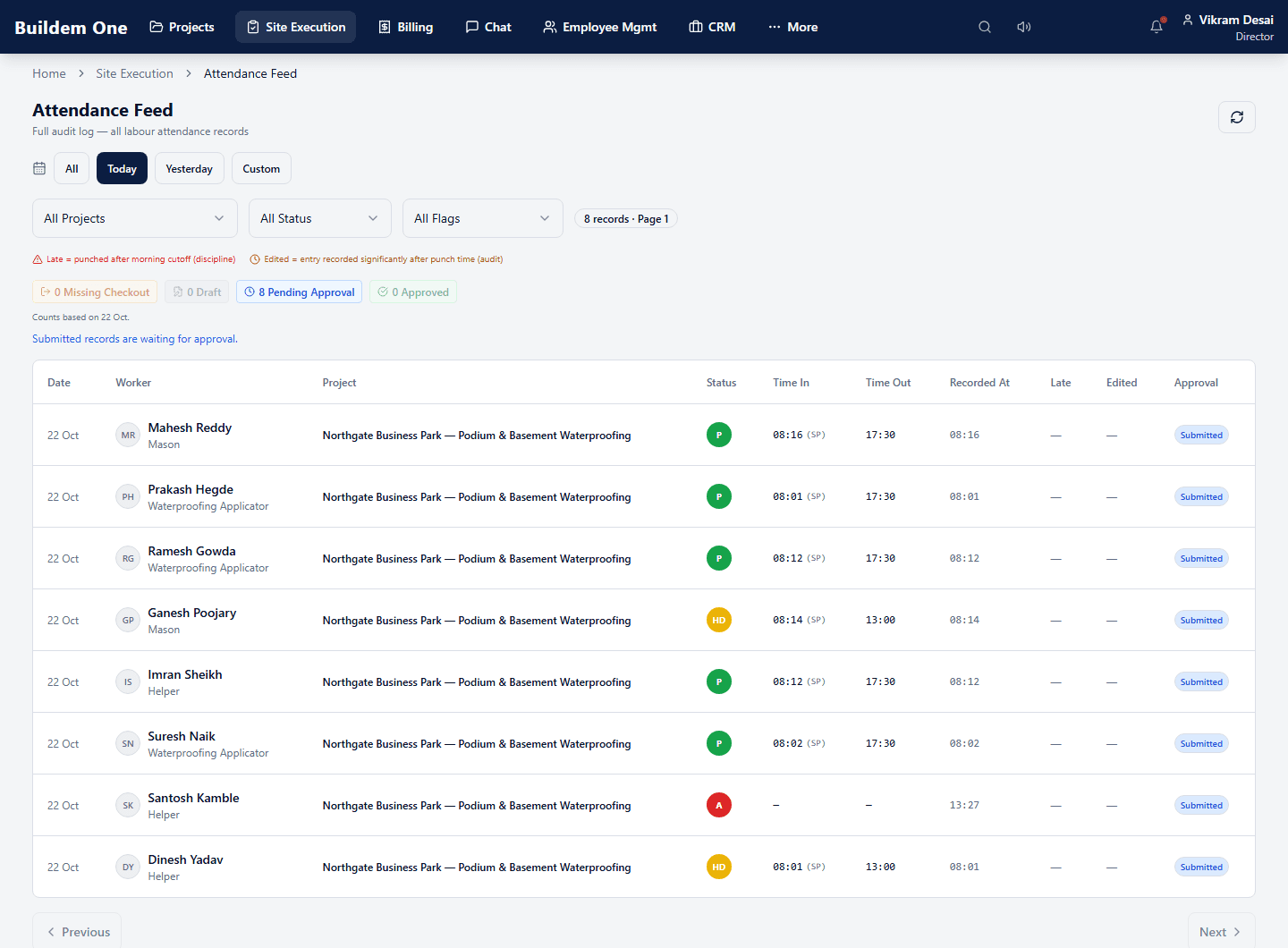 Buildem One attendance feed: workers on a waterproofing site with present, half-day and absent statuses and their approval state. Illustrative demo data.