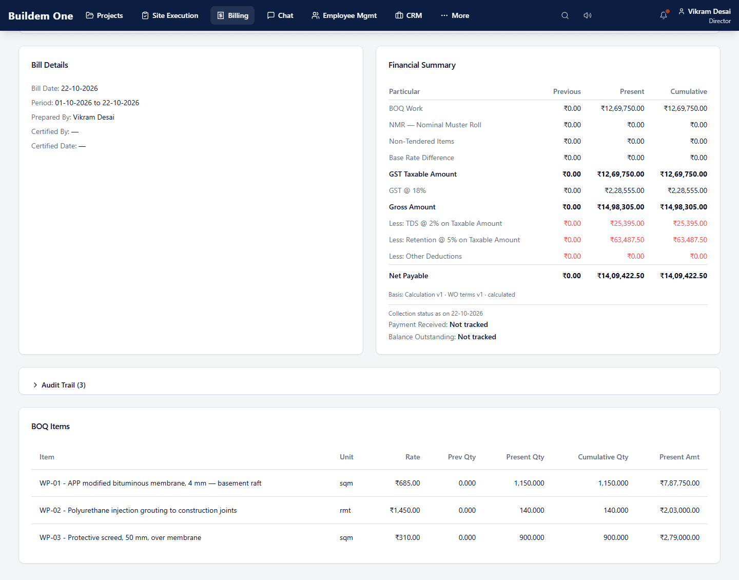 Buildem One RA bill: financial summary with GST, TDS and retention and the measured items with quantities, rates and amounts. Illustrative demo data.
